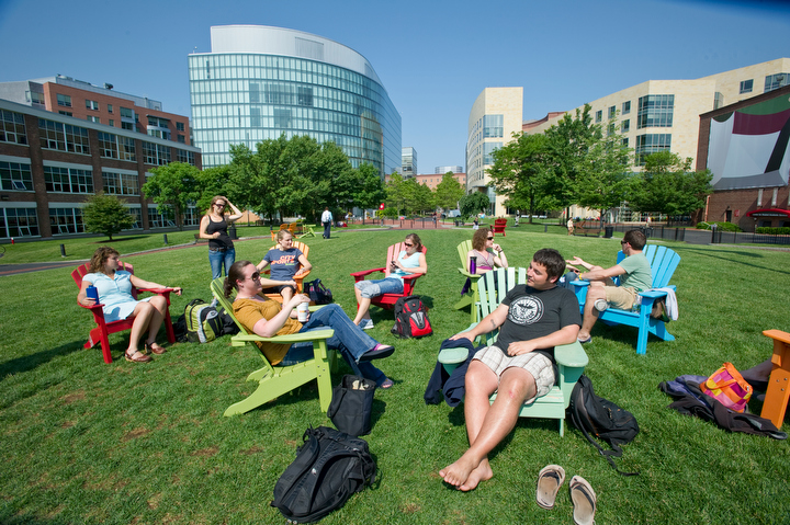 June 15, 2011 - Stock photos of Northeastern University campus in Summer, including campus tours, frisbees and adirondack chairs. PHOTO: Mary Knox Merrill / Northeastern University